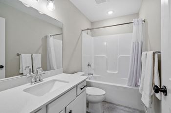 a bathroom with a sink and a shower and a toilet